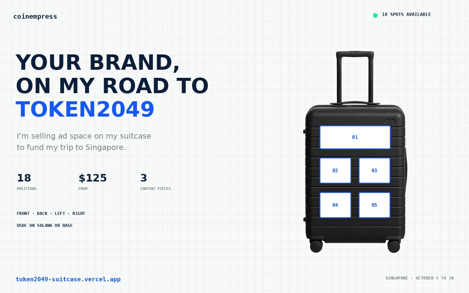 Promotional graphic from Vana’s original post showing numbered ad placements on a black suitcase for her Singapore trip.
