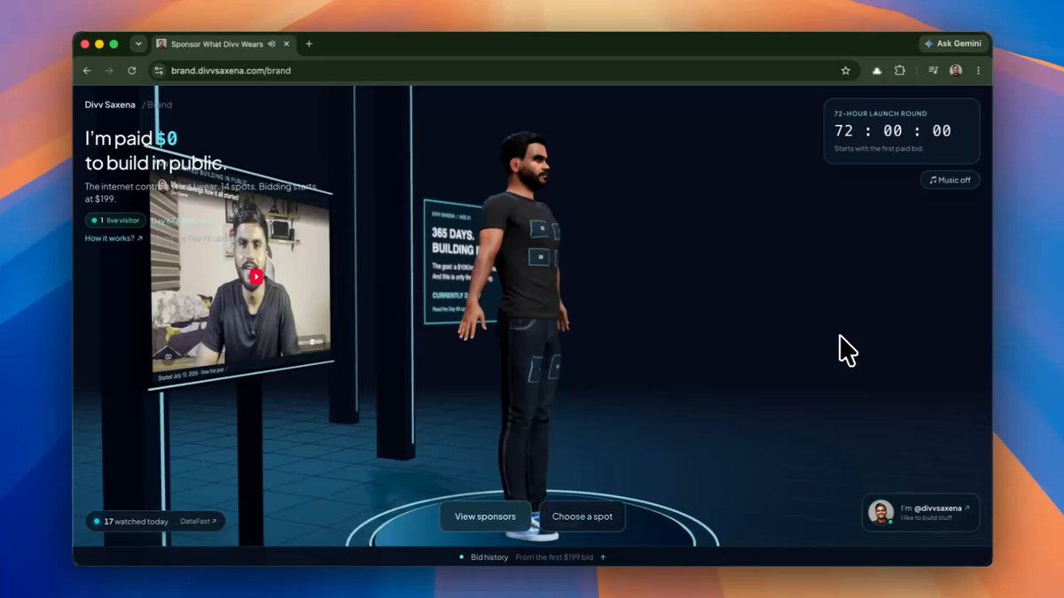 Thumbnail from Divv Saxena’s original video showing a website with a 3D outfit sponsorship mockup.