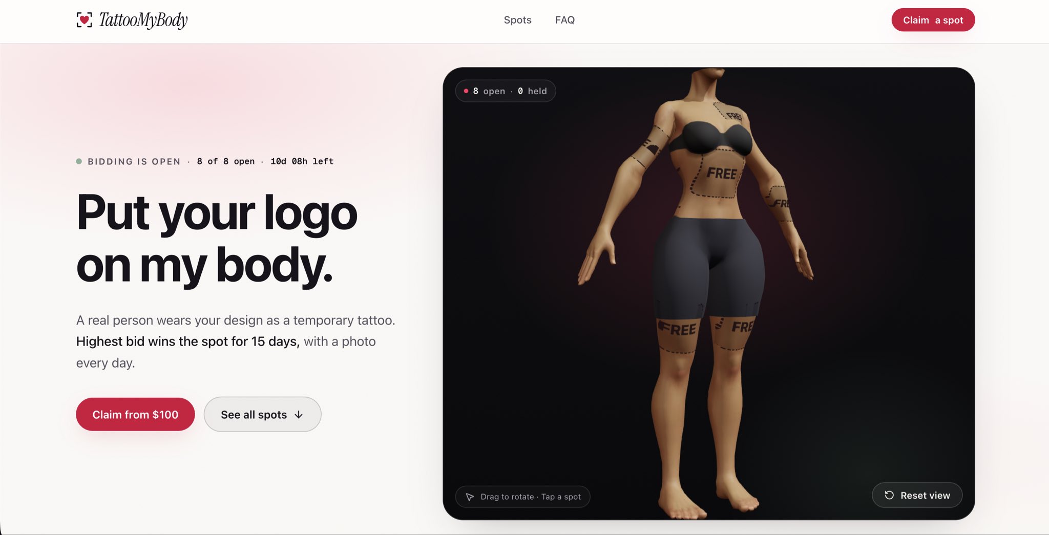 Screenshot posted by Megs showing the TattooMyBody website and a 3D body-placement mockup, not a photograph of Megs.