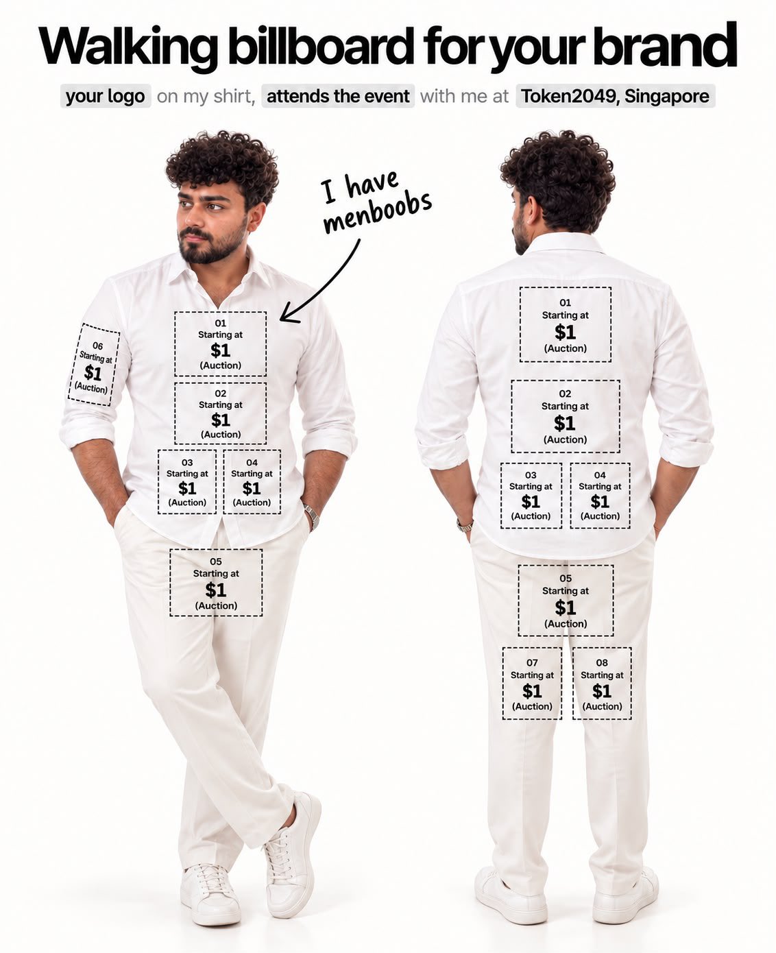 Promotional image from Nadir’s post showing front and back views of a white outfit with sponsorship-placement labels.
